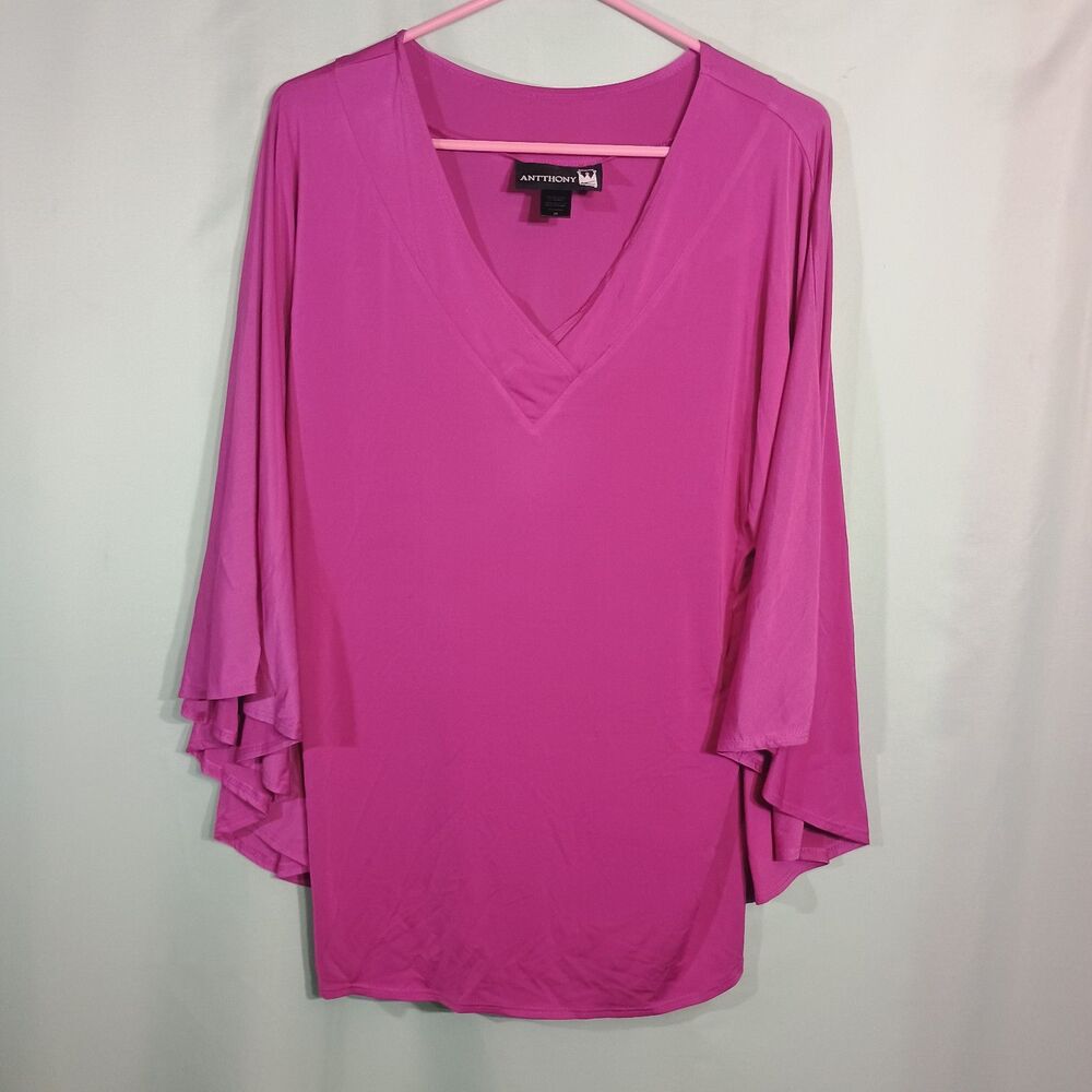 Anthony Women’s Pink V-Neck Blouse – 3/4 Bell Sleeve Flowy Top